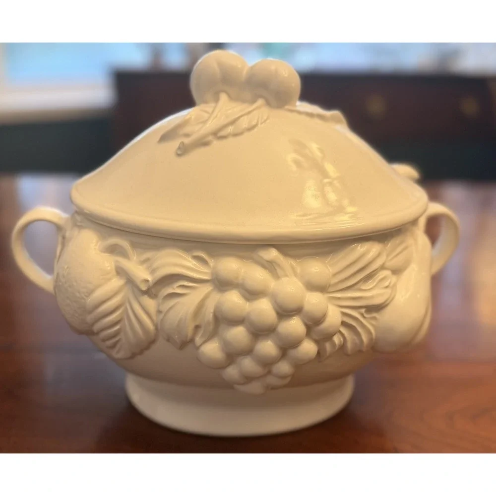 Vintage White Ceramic Soup Tureen 3 Piece Set Lid Ladle Embossed Fruit Japan